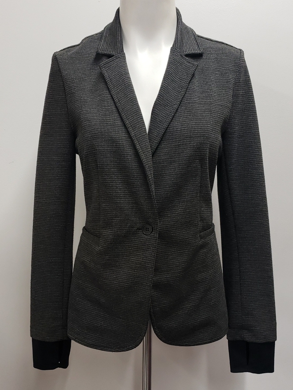 Betabrand Dark Gray Houndstooth Stretch Ponte Yoga Single-Button Blazer Womens M
